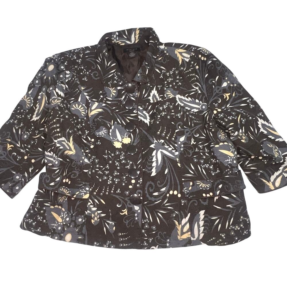 SilkLand Jacket Plus Size 2X Brown Leaf 100% Silk Lined Button Up 3/4 Sleeves